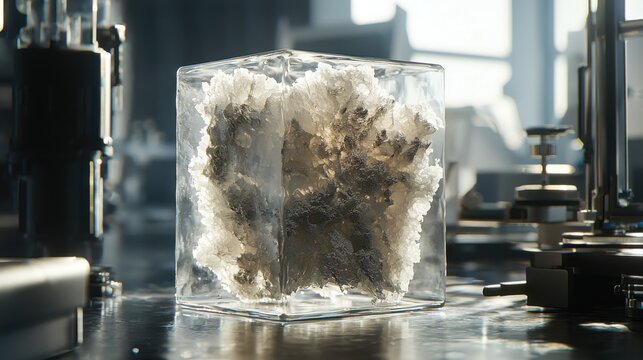 Aerogel sample specimen cube transparent container scientific laboratory environment controlled lighting ultra-light material properties professional research documentation neutral background