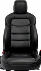 Naklejka premium Isolated close up of a black leather car seat with white stitching in studio automotive photography