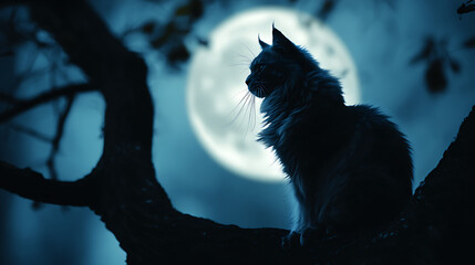 Obraz premium Majestic feline perched on branch under luminous moonlit sky animal night