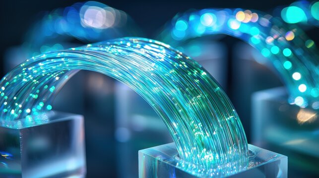 Curved cable paths fiber optics brilliant blue light trails transparent cables flowing macro photography bokeh effects communication technology digital - Powered by Adobe