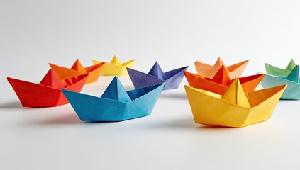 Colorful paper boats arranged on a white surface