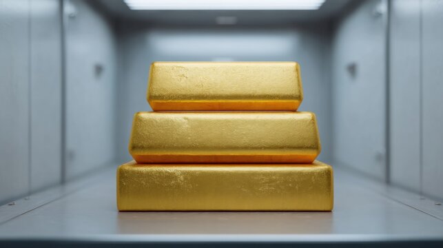 Three golden bars neatly stacked in a secure vault, showcasing wealth and luxury in a minimalist environment with modern design elements.