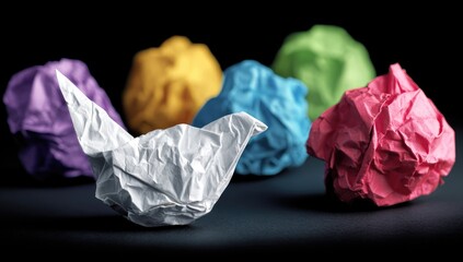 A paper bird amongst crumpled papers