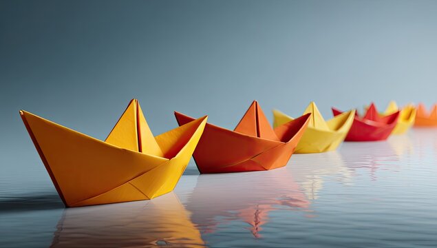 Colorful origami boats aligned on a reflective surface - Powered by Adobe