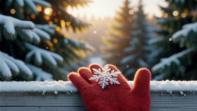 A snowflake on a red mitten in a winter forest, warm sunny bokeh and crisp frost create a festive atmosphere.
