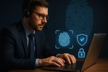 Security Analyst: A focused security analyst, equipped with a headset, diligently works on a laptop, surrounded by the symbolic representation of cybersecurity – a fingerprint, a shield, and a lock.