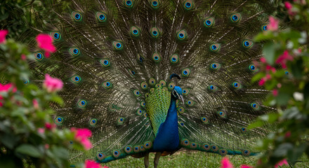 Obraz premium Vibrant Peacock Displaying Full Tail Feathers, Beautiful Bird with Iridescent Blue and Green Plumes, Wildlife Photo of Peacock in Courtship Display, Detailed Portrait of Majestic Bird, Isolated Peacoc