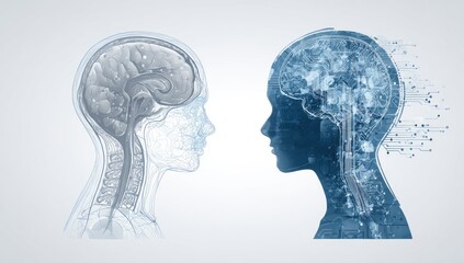 Two profiles of human heads, one overlaid with anatomical detail, the other with digital data
