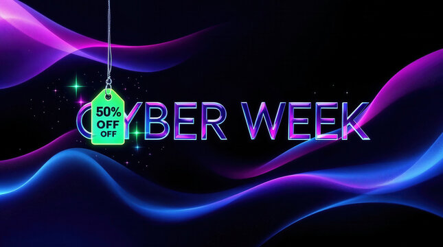 Cyber Week sale promotion with 50% off discount tag. Futuristic abstract banner with glowing neon waves for online shopping and e-commerce advertisement