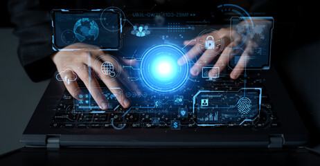 A futuristic command center interface for managing a global technology platform. The dashboard includes data security, network administration, and biometric user authentication. Fermion