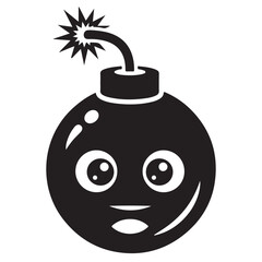 Black and White Cartoon Bomb with Sparking Fuse and Expressive Face
