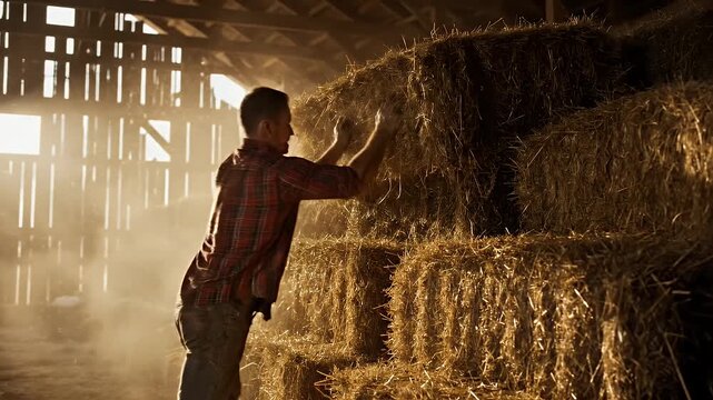 A man stacking hay bales in a barn with sunlight streaming through the wooden slats, creating a warm and rustic atmosphere during daytime