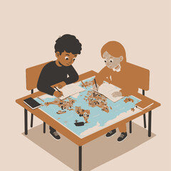 Two children studying a world map with small figures, writing in notebooks at a table, engaged in a geography lesson.