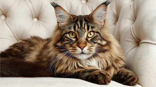 Majestic Maine Coon Cat with Golden Eyes Relaxing on a Tufted Sofa long-haired cat tabby cat