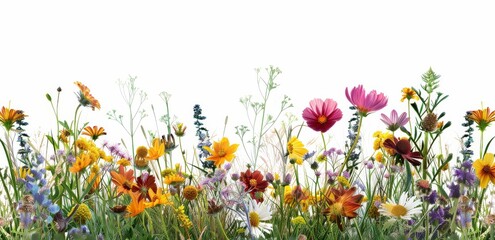 Fototapeta premium Wildflower Meadow Isolated on White Background Eye-Level View Featuring Cosmos Daisies and Other Colorful Blooms
