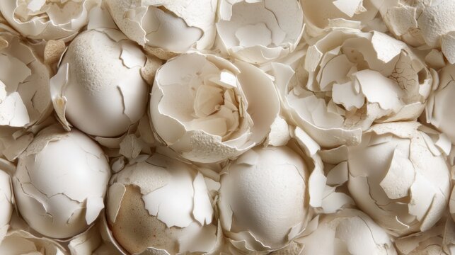 Close-Up Image of Broken Eggshells Piled Together on Light Background Showcasing Texture and Detail of the Opaque Shell and Interior Remnants - Powered by Adobe