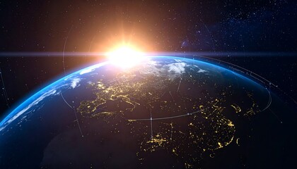 Earth from space with sunrise over the horizon, city lights visible.