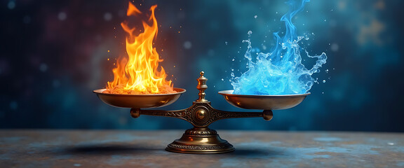 Balance scale with opposing forces of fire and water, representing conflict and harmony, on a tabletop.