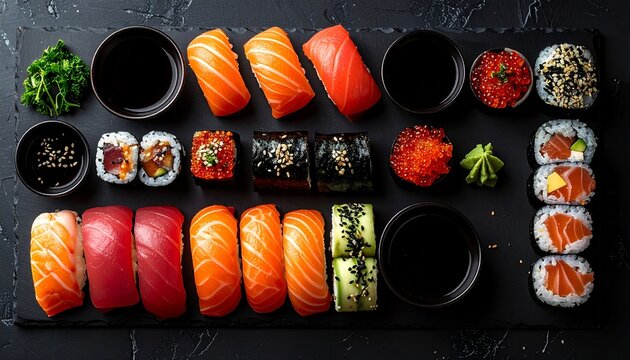 Top-down flat lay of Assorted Sushi Platter with Rolls and Nigiri on Black Slate