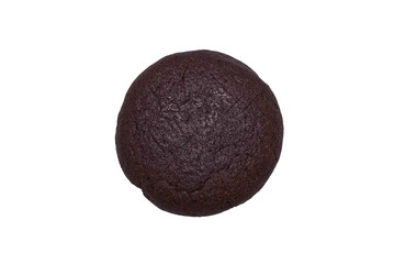 A top-down close-up of a single round, deep dark brown or black cookie. The cookie has a rough texture and is isolated on a pure white background