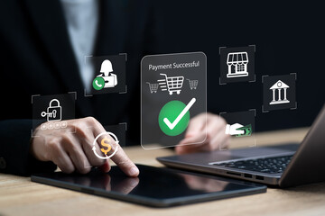 Secure Online Shopping System Concept, Business Woman Using a Tablet to Make Safe Purchases with Standardised Payment Protection, Password Authentication, Trusted E-Commerce Security, Banking Transfer