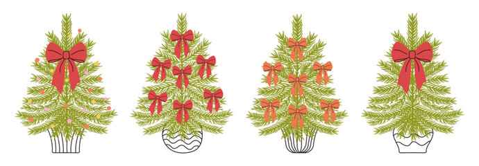 Vintage hand-drawn Christmas Tree set, decorated with bows, ribbons,color confetti, perfect for a warm,festive market invitation, placard, poster, adding charm and seasonal cheer to any holiday design