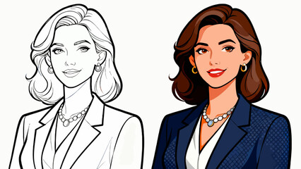 This illustration shows the step-by-step design process of a business man’s suit, from sketch to fully rendered versions with different colors and details, showcasing character design progression.