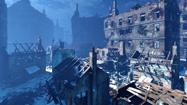 Driving through a destroyed urban area. An animation on the theme of war and destruction.