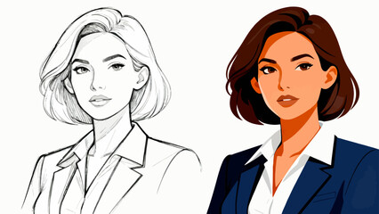 This illustration shows the step-by-step design process of a business man’s suit, from sketch to fully rendered versions with different colors and details, showcasing character design progression.