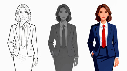 This illustration shows the step-by-step design process of a business man’s suit, from sketch to fully rendered versions with different colors and details, showcasing character design progression.
