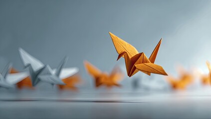 A single origami crane, orange-gold, in motion, amongst a group of white and pale gray origami cranes, implies leadership or a different approach