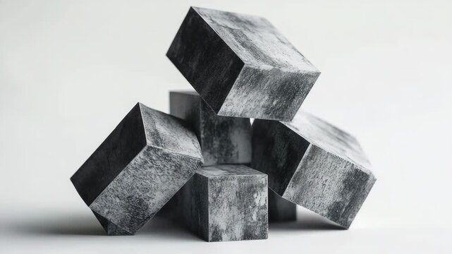 Stack of grey and black cubes with dark speckles, demonstrating orderly arrangement against white background.