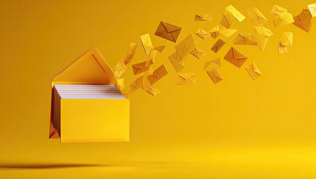 Floating yellow envelope with many small envelopes flying out - Powered by Adobe