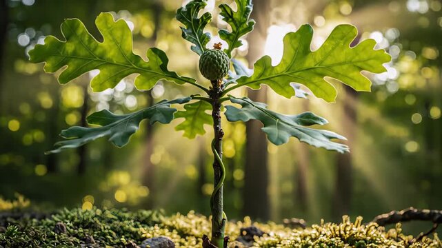 Acorn germinates into a young oak tree, showcasing the transformation from seed to sprout, with sunlight filtering through trees, camera pans upward to reveal growth