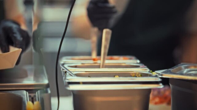 In a busy industrial kitchen, workers are preparing fast food snacks for guests at a street eatery. Fresh ingredients are being organized, ensuring quick service during peak hours