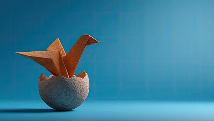Origami bird emerging from a cracked egg on a blue background