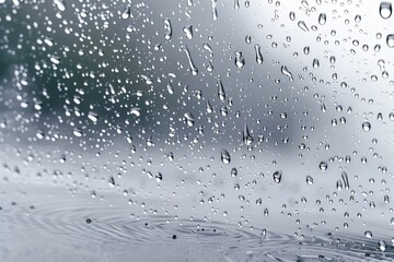 Raindrops on Glass Close Up View Abstract Wet Weather Window Surface with Ripples and Blurred Background