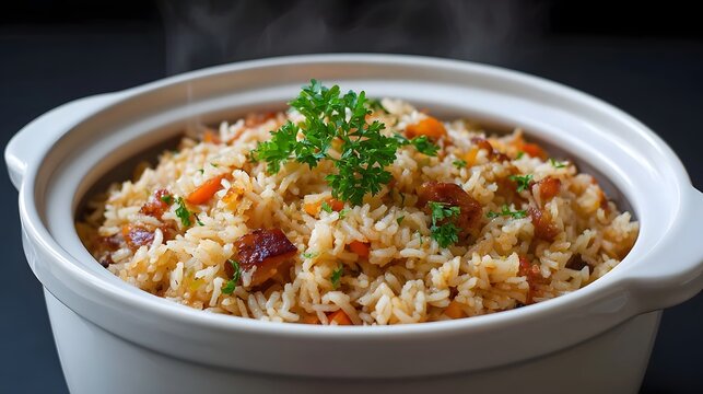 Hot rice pilaf steaming in a white pot garnished with fresh parsley and mixed with diced carrots