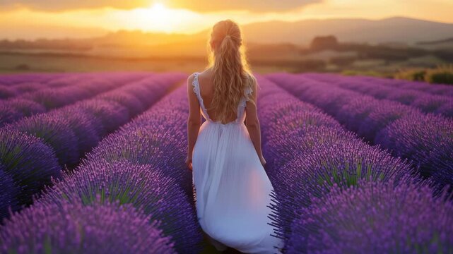 A beautiful woman in a white dress walks through a lavender field at sunset, a serene symbol of freedom and natural wellness, perfect for perfume commercials or luxury travel content.