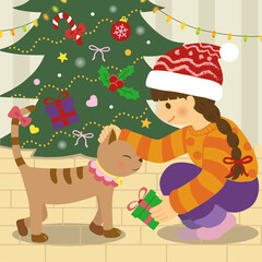 Cute Girl Petting Cat in Cozy Christmas Living Room illustration