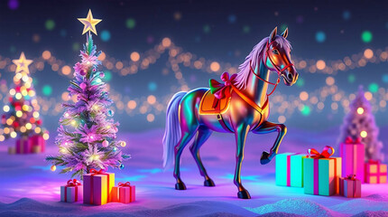 Iridescent Holiday Horse Amidst Glowing Christmas Trees and Gifts