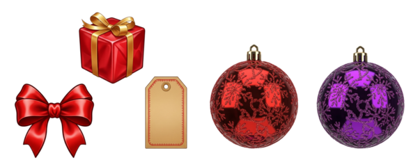 Shiny Red and Purple Christmas Ornaments with Festive Gift Box, Ribbon Bow, and Blank Manilla Tag isolated on white or transparent png