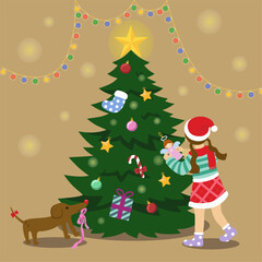 Cute Girl Decorating Christmas Tree with Pet Dog illustration