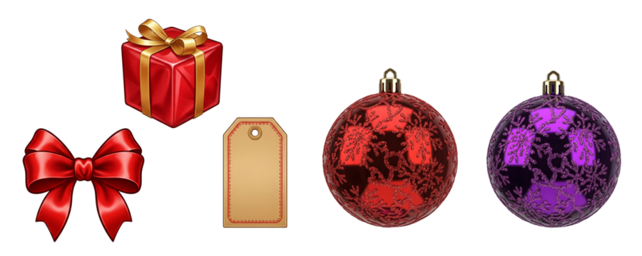 Shiny Red and Purple Christmas Ornaments with Festive Gift Box, Ribbon Bow, and Blank Manilla Tag isolated on white or transparent png