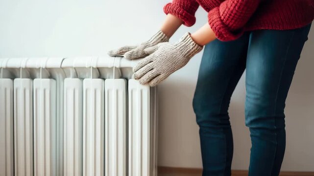 Woman Standing on Wooden Floor as She Checks Heat of Radiator in Calm Modern Interior Setting