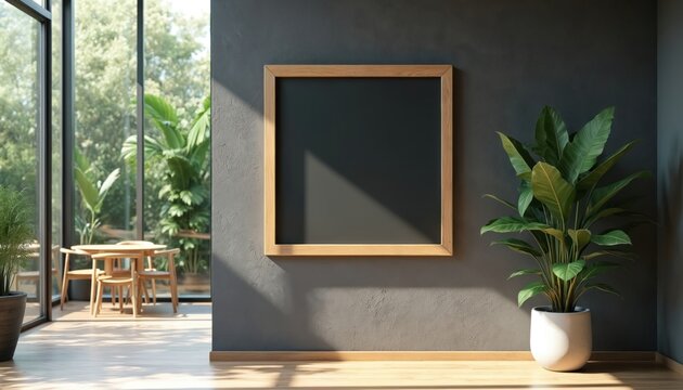 Minimalist interior scene with a blank wooden framed blackboard on a textured wall. Large windows reveal a rich garden view. A potted plant adds natural beauty, creating a serene space for messages.