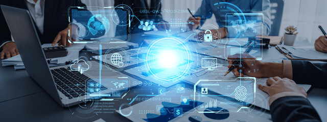 A futuristic command center interface for managing a global technology platform. The dashboard includes data security, network administration, and biometric user authentication. Fermion