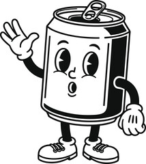 Vintage Black and White Cartoon Soda Can Character Mascot Waving Hello Retro 1930s Style Comic Drawing Beverage Drink Food Container Pop Art Isolated Vector Illustration.