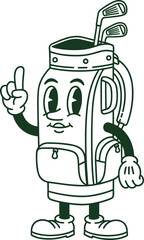 Vintage Golf Bag Character Mascot Pointing Finger Upwards Line Art Drawing Vector Illustration Retro 1930s Style for Sport Equipment Apparel Pro Shop and Club Logos.