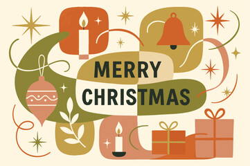 Retro Abstract Christmas Banner or Background in Mid-Century Modern Style with Bell and Bauble, Holiday Greeting
